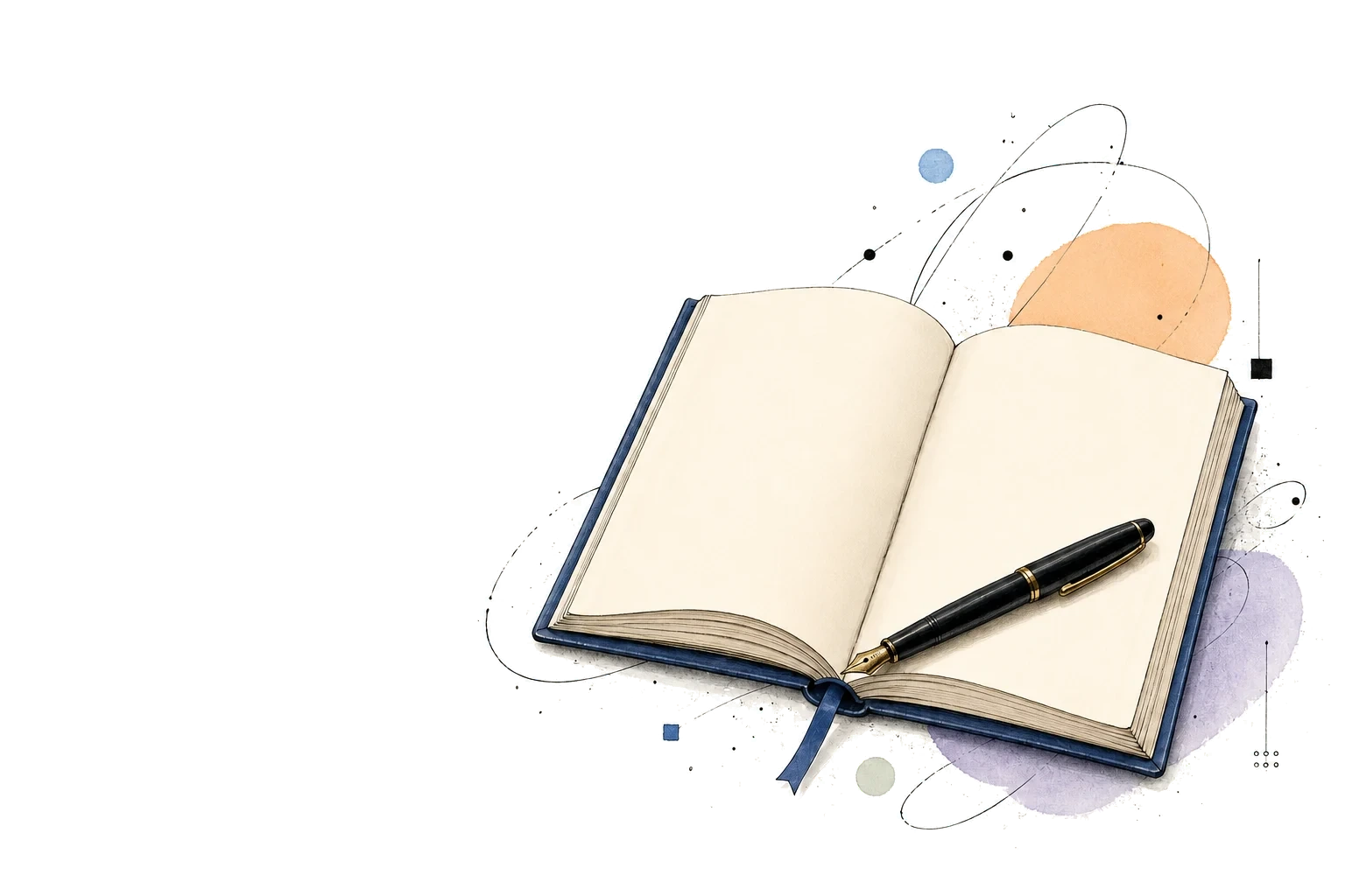 An open journal and fountain pen surrounded by abstract ink lines and soft watercolor shapes