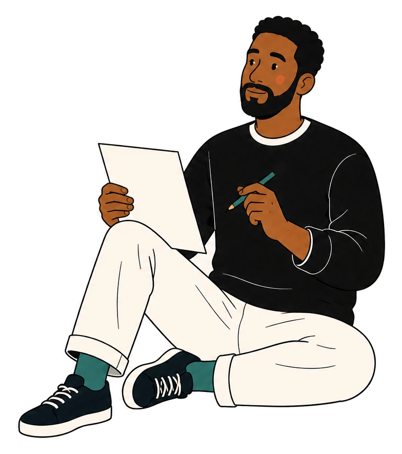 A person sits with a sheet of paper and a pencil, thinking through their next note.